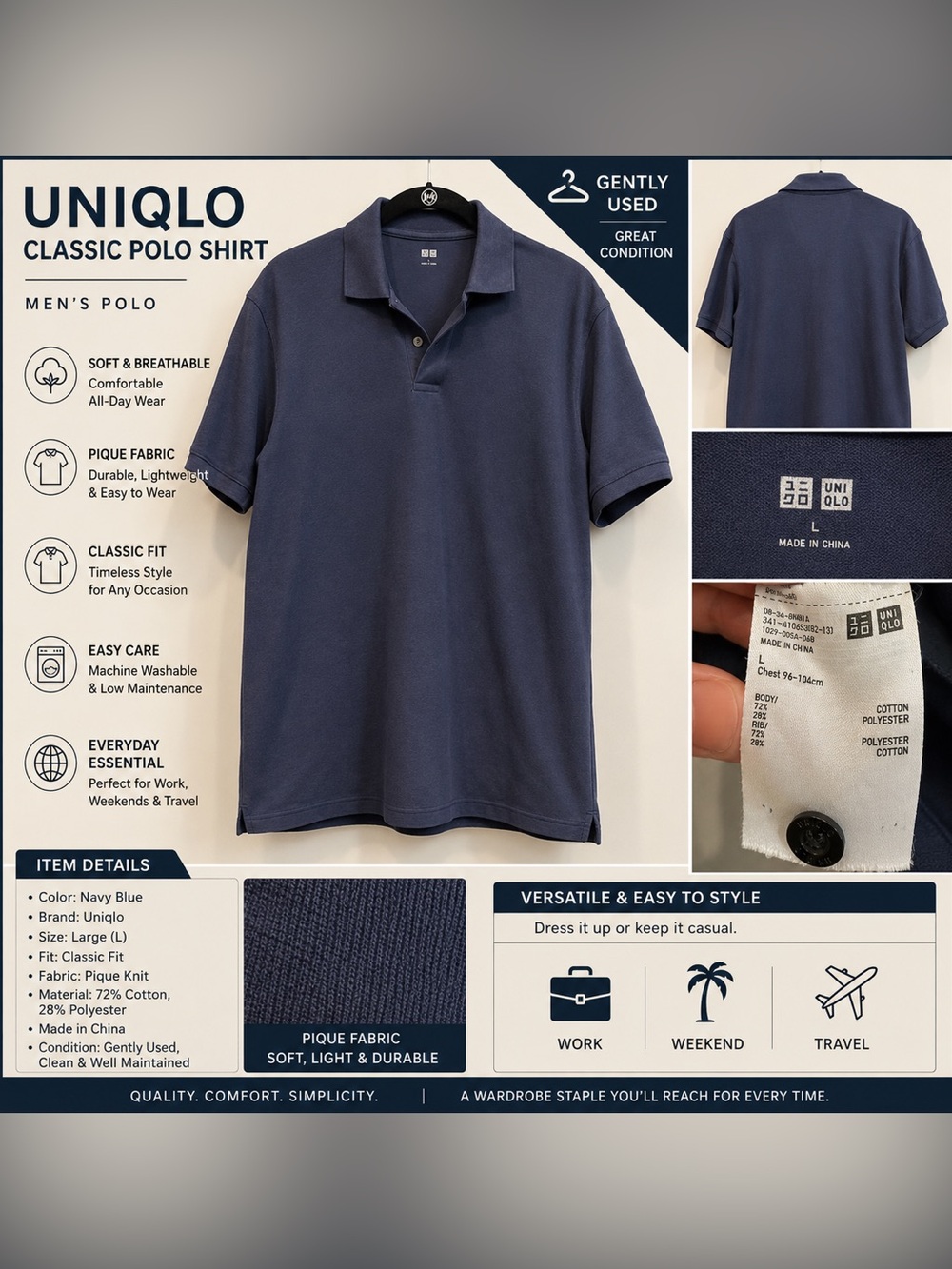 UNIQLO Men’s Navy Polo Shirt | Size Large | Classic Fit